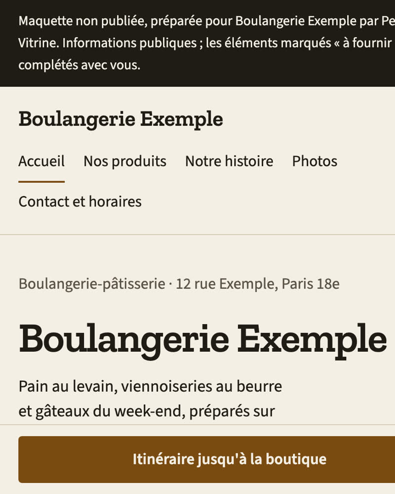 Exemple de site réalisé par Petite Vitrine : page d'accueil d'une boulangerie fictive